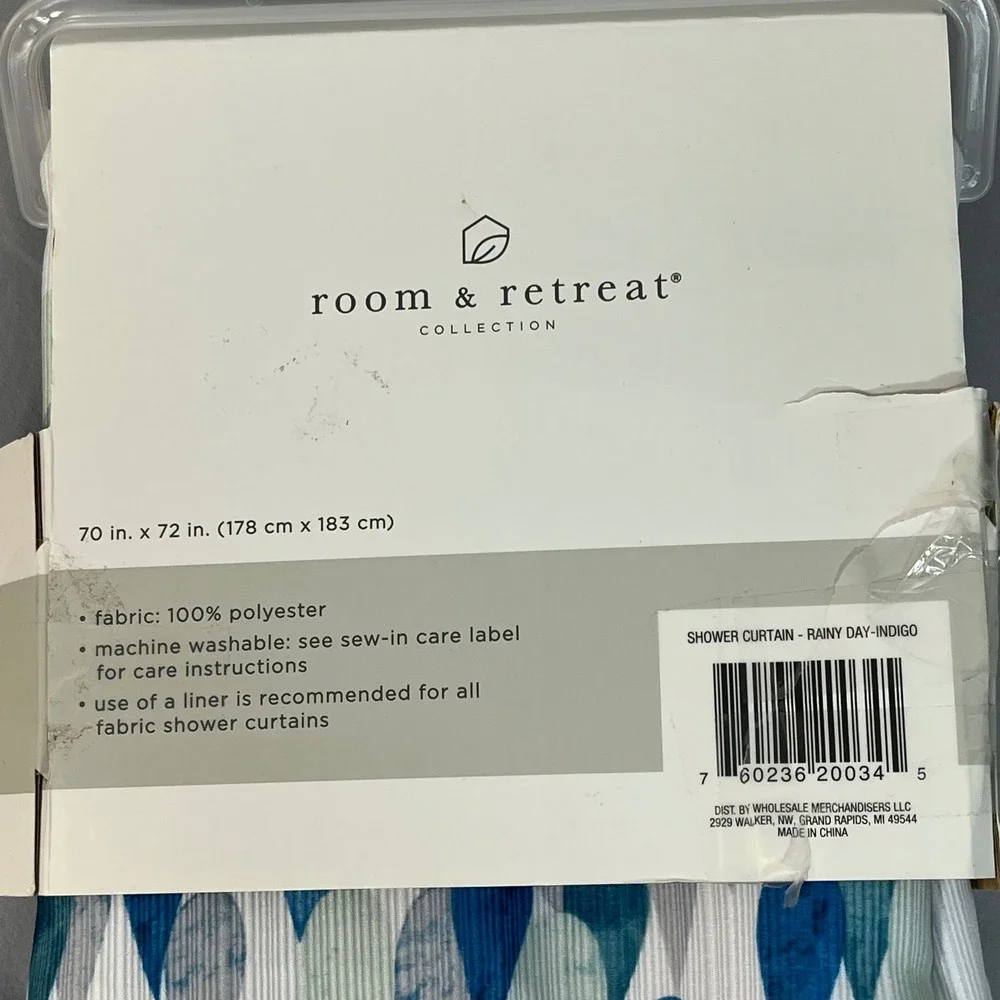 Room & Retreat Rainy Day Indigo Shower Curtain Blue Raindrop Fabric 70x72 NEW
